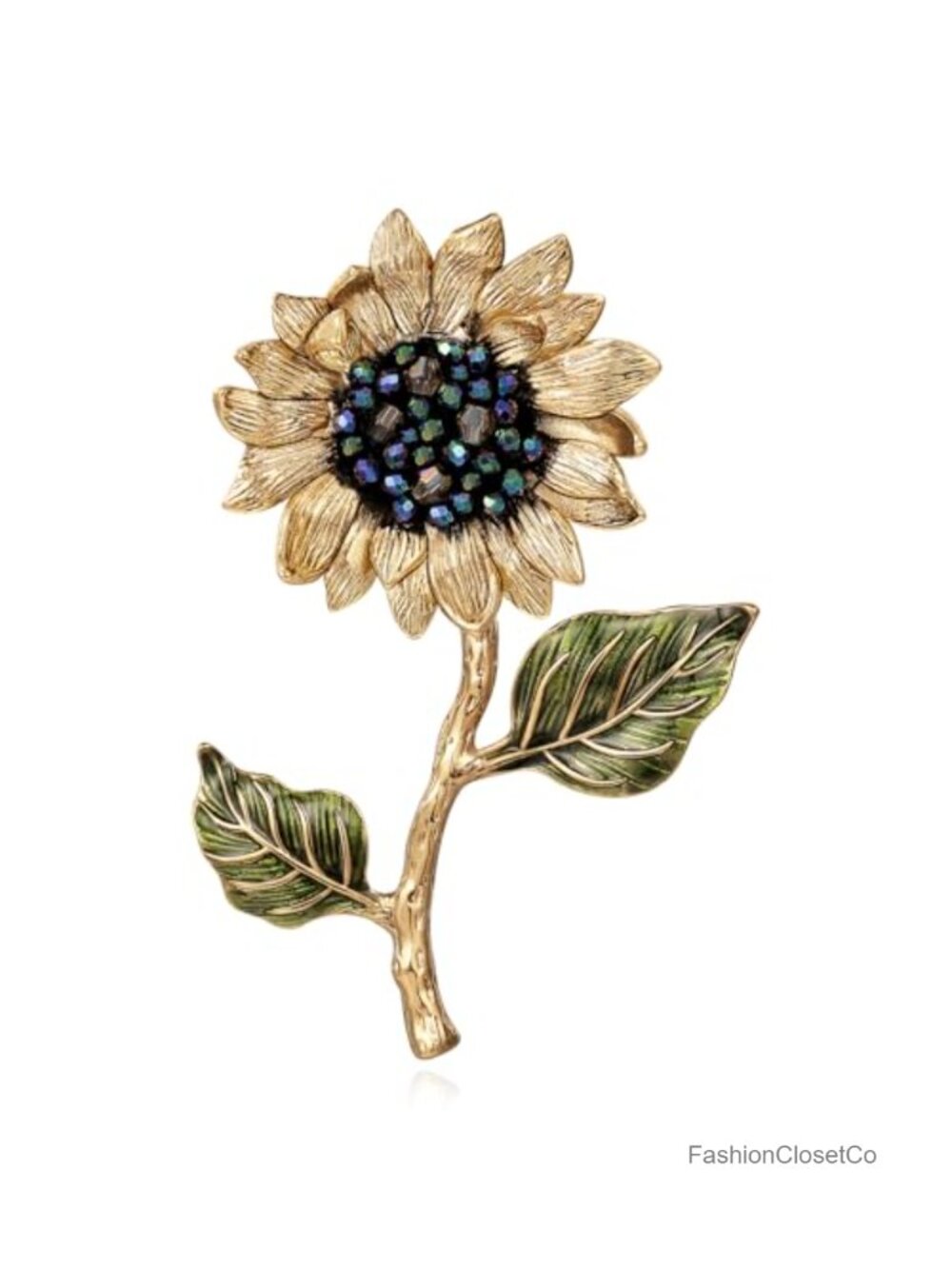 Handmade Crystal Sunflower Brooch Pin - Gold Metal Plated with Hand Beading &